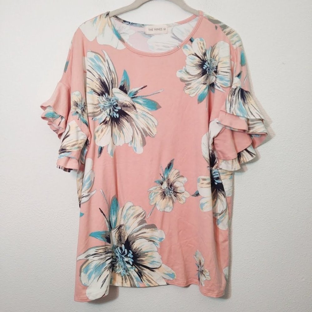 The Nines Pink Floral Tiered Bell Sleeve Blouse M